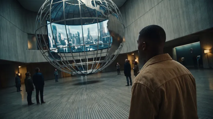 Homem observando um globo monumental com telas em um saguão corporativo, cena criada com IA