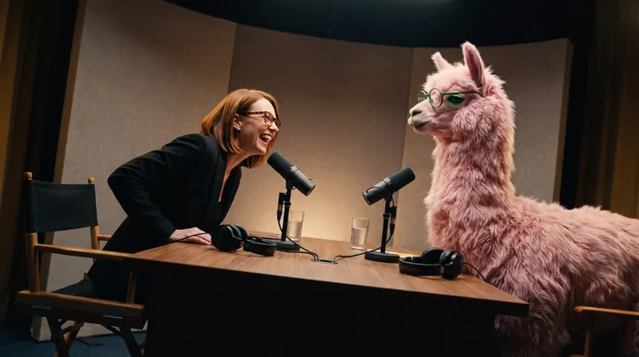 Apresentadora entrevistando uma lhama rosa de óculos em um estúdio de podcast, cena criada com IA
